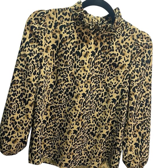 J.Crew Long Sleeve Ruffle Neck Blouse Top Leopard Animal Print Keyhole Sz XS - Picture 3 of 5